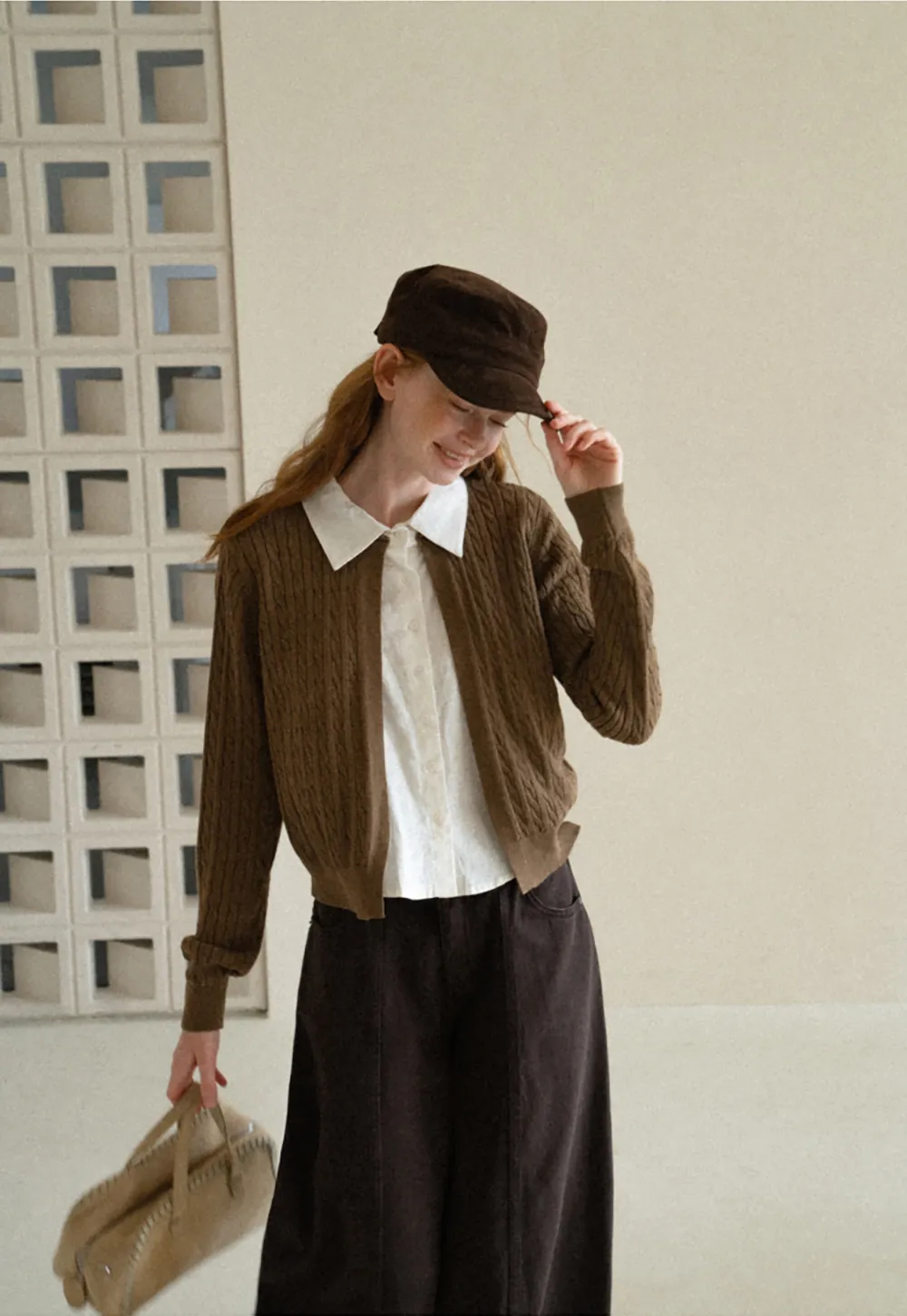Cable Knit Cardigan with Collar Detail