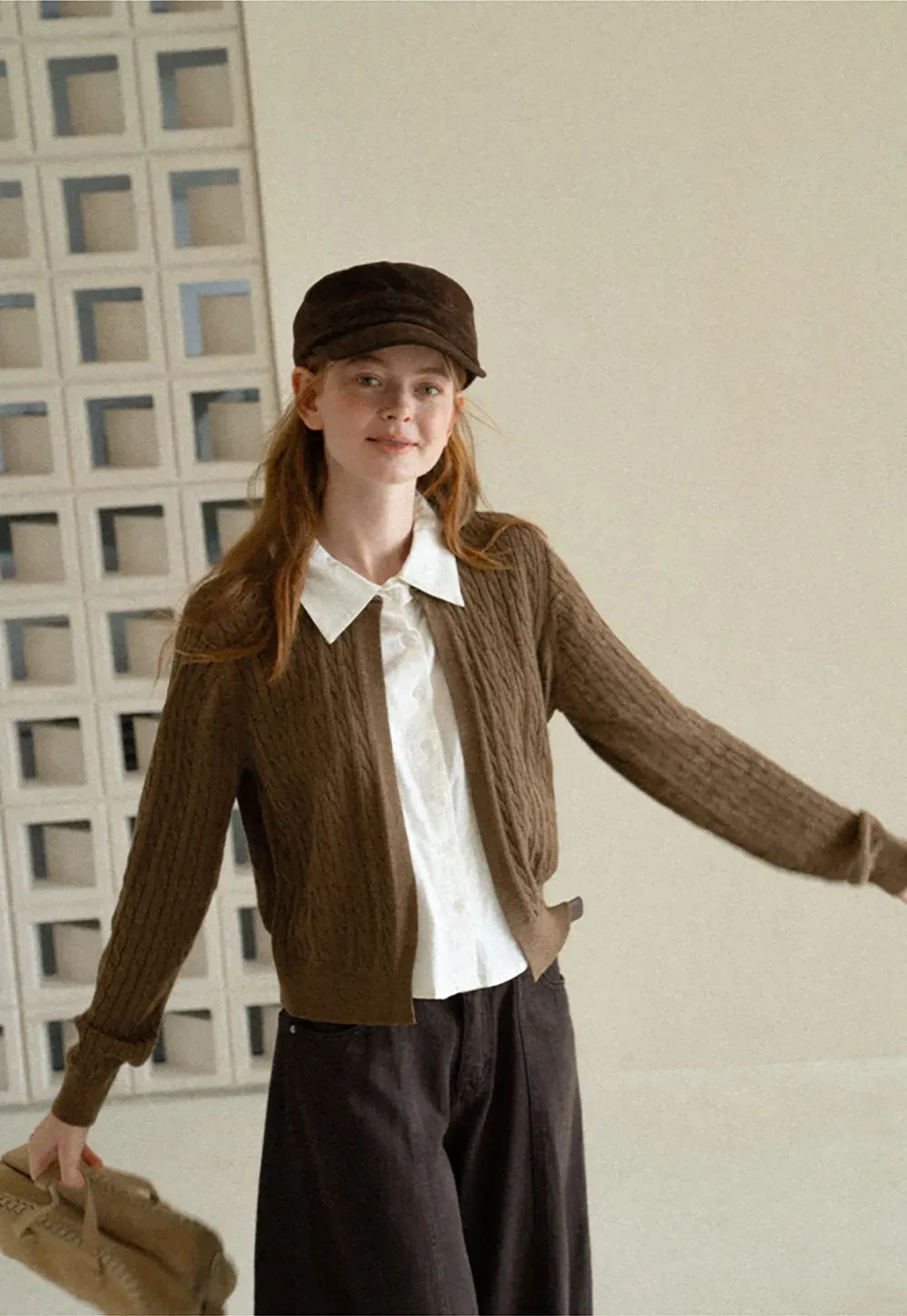 Cable Knit Cardigan with Collar Detail