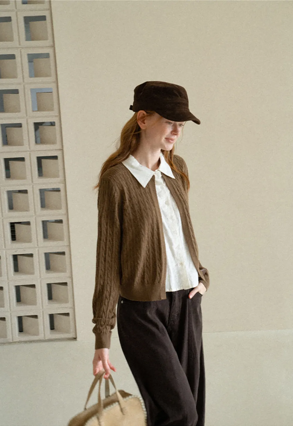 Cable Knit Cardigan with Collar Detail