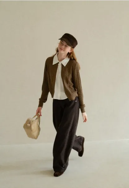 Cable Knit Cardigan with Collar Detail