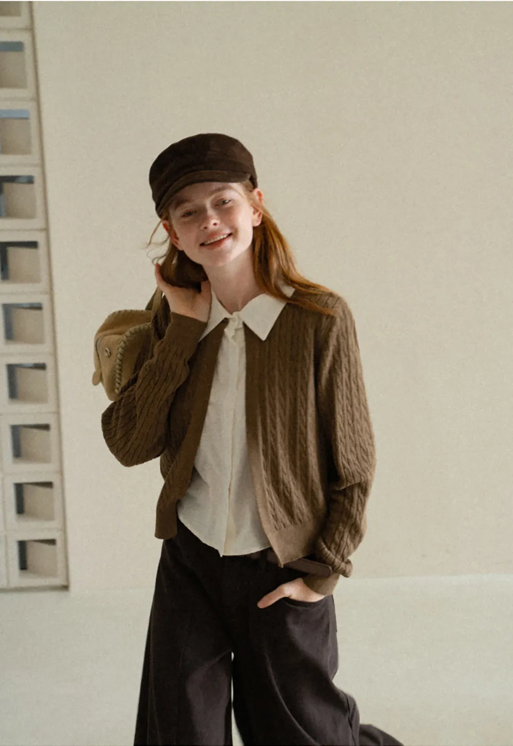 Cable Knit Cardigan with Collar Detail