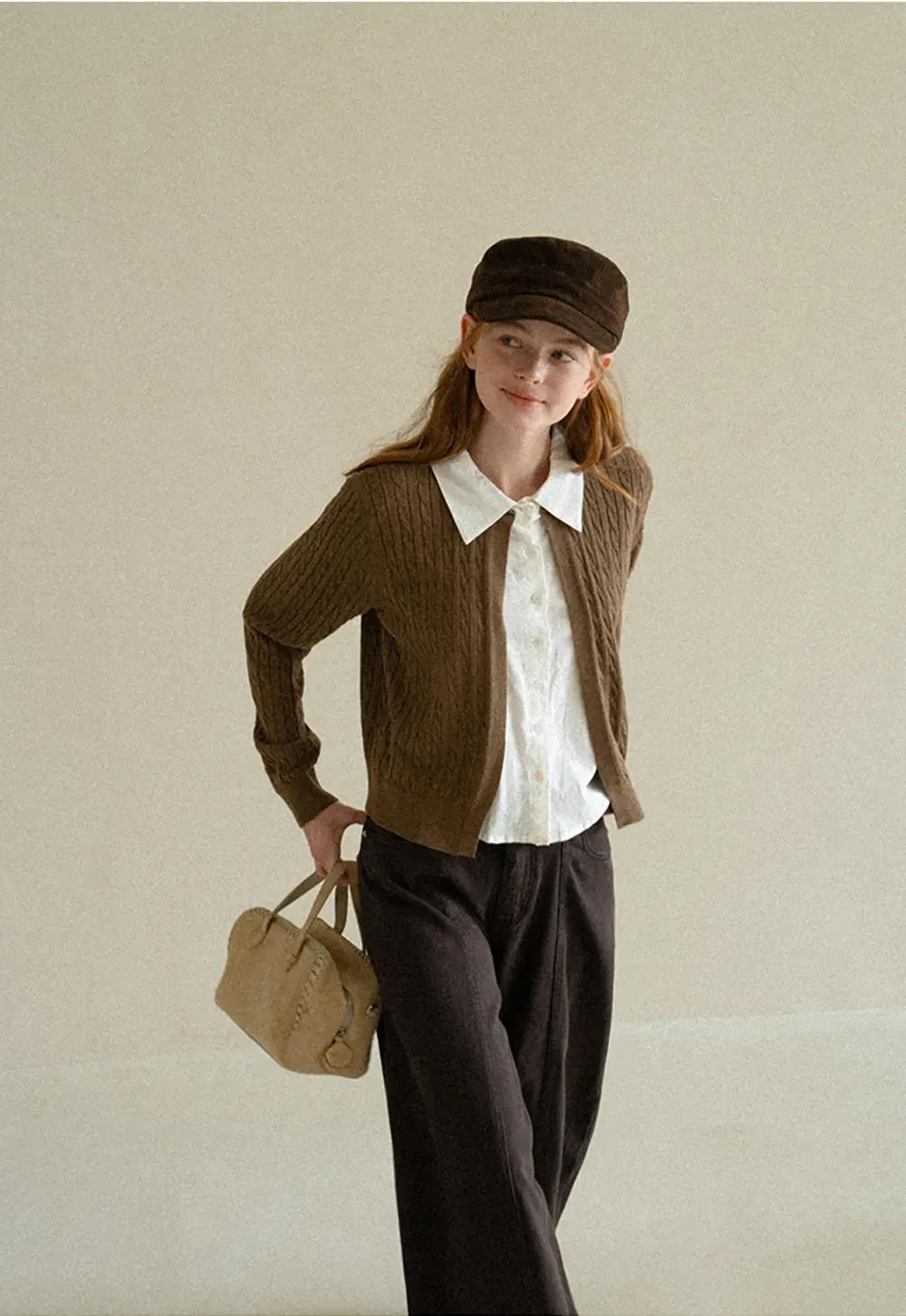 Cable Knit Cardigan with Collar Detail