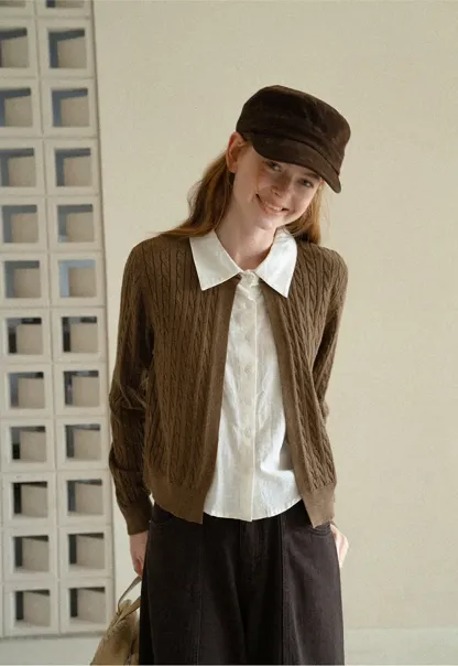 Cable Knit Cardigan with Collar Detail