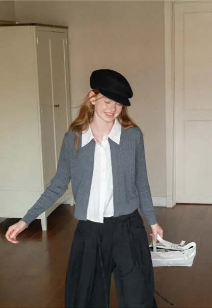 Cable Knit Cardigan with Collar Detail