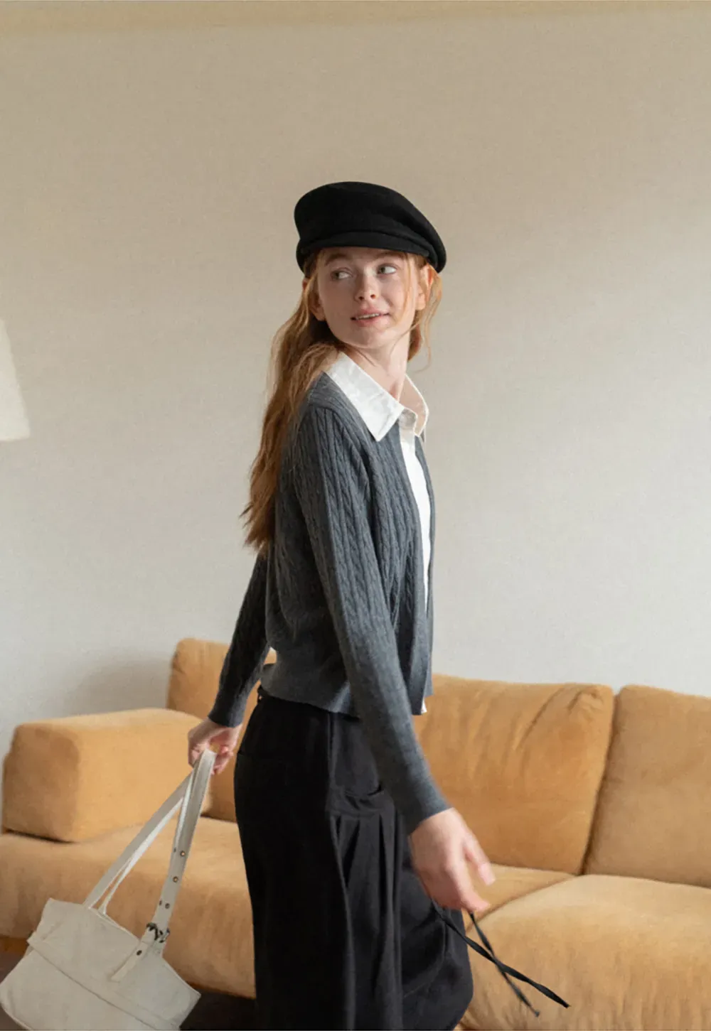 Cable Knit Cardigan with Collar Detail