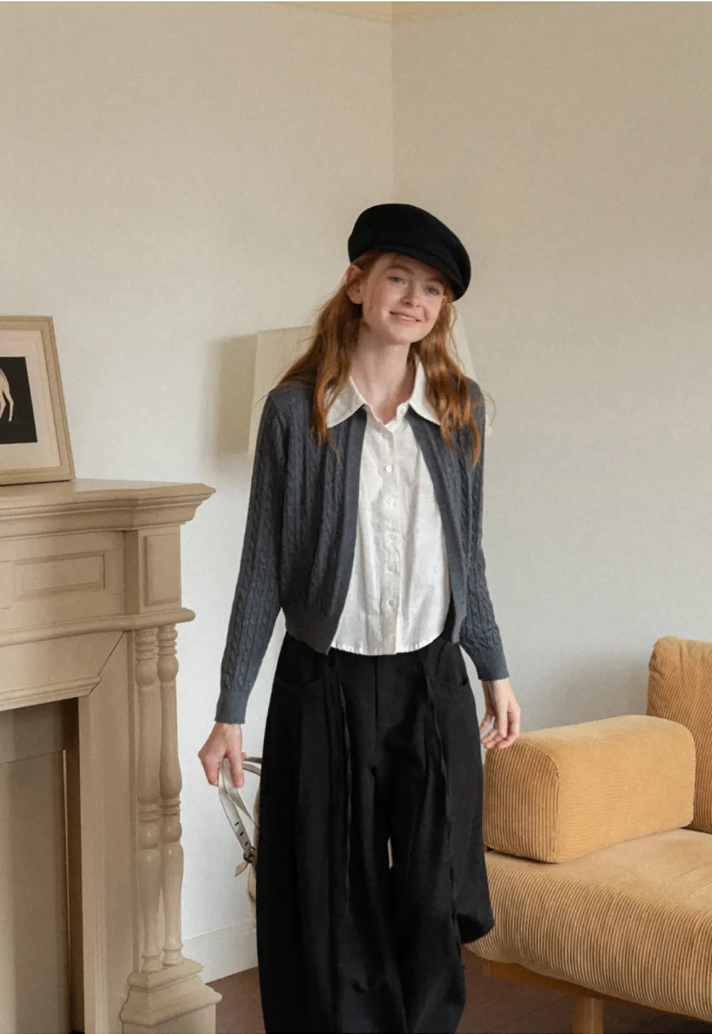 Cable Knit Cardigan with Collar Detail