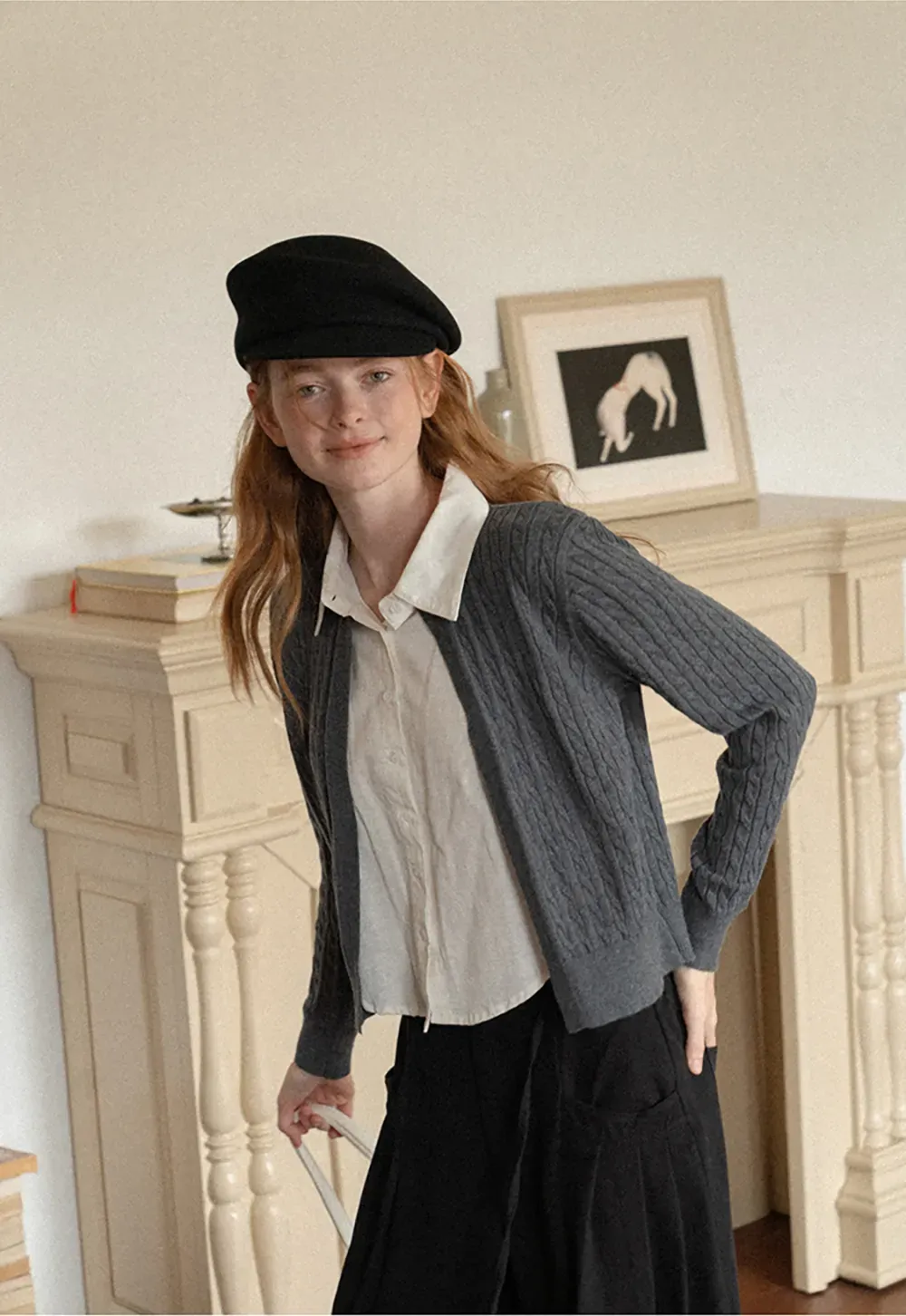 Cable Knit Cardigan with Collar Detail