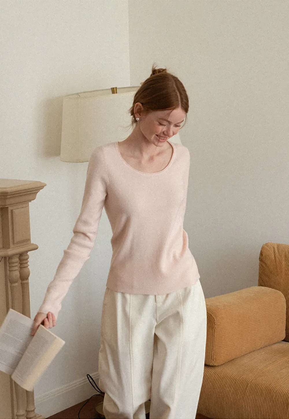Soft Cashmere Blend Round Neck Long Sleeve Knit Sweater