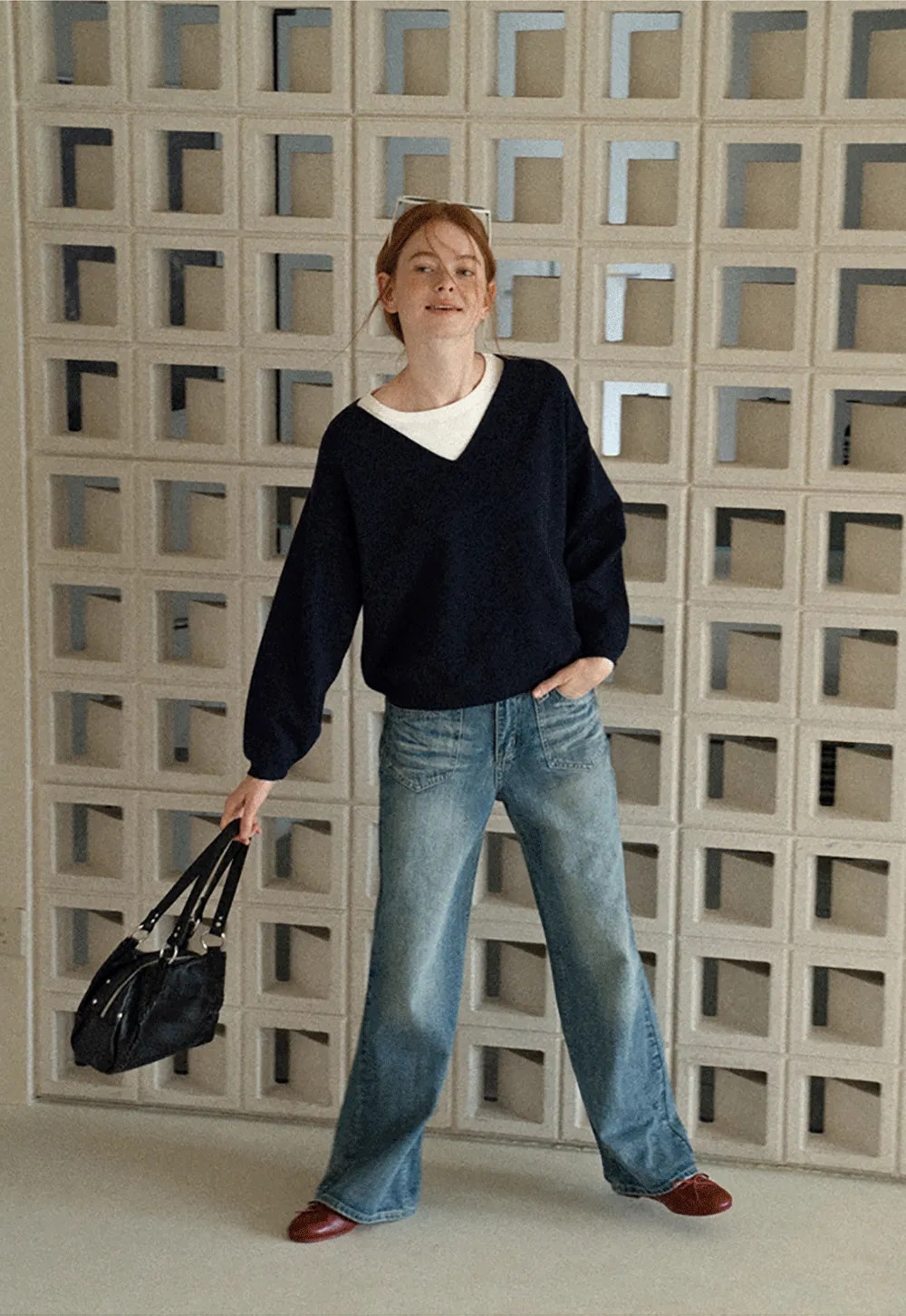 V Neck Oversized Ribbed Knit Sweater