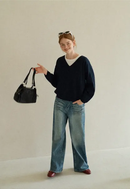 V Neck Oversized Ribbed Knit Sweater