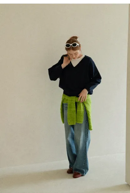 V Neck Oversized Ribbed Knit Sweater