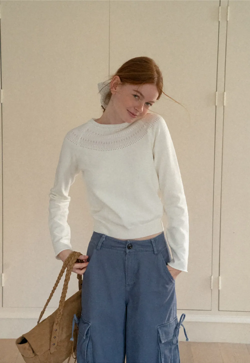 Textured Yoke Detail Woolen Knit Sweater