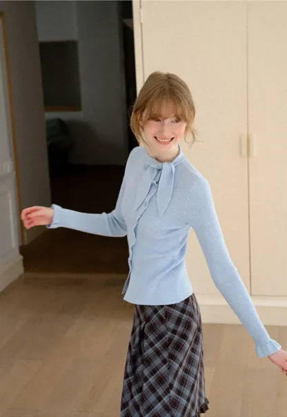 Ribbed Knit Cardigan with Bow Tie Neck and Ruffled Placket
