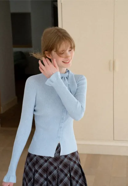 Ribbed Knit Cardigan with Bow Tie Neck and Ruffled Placket