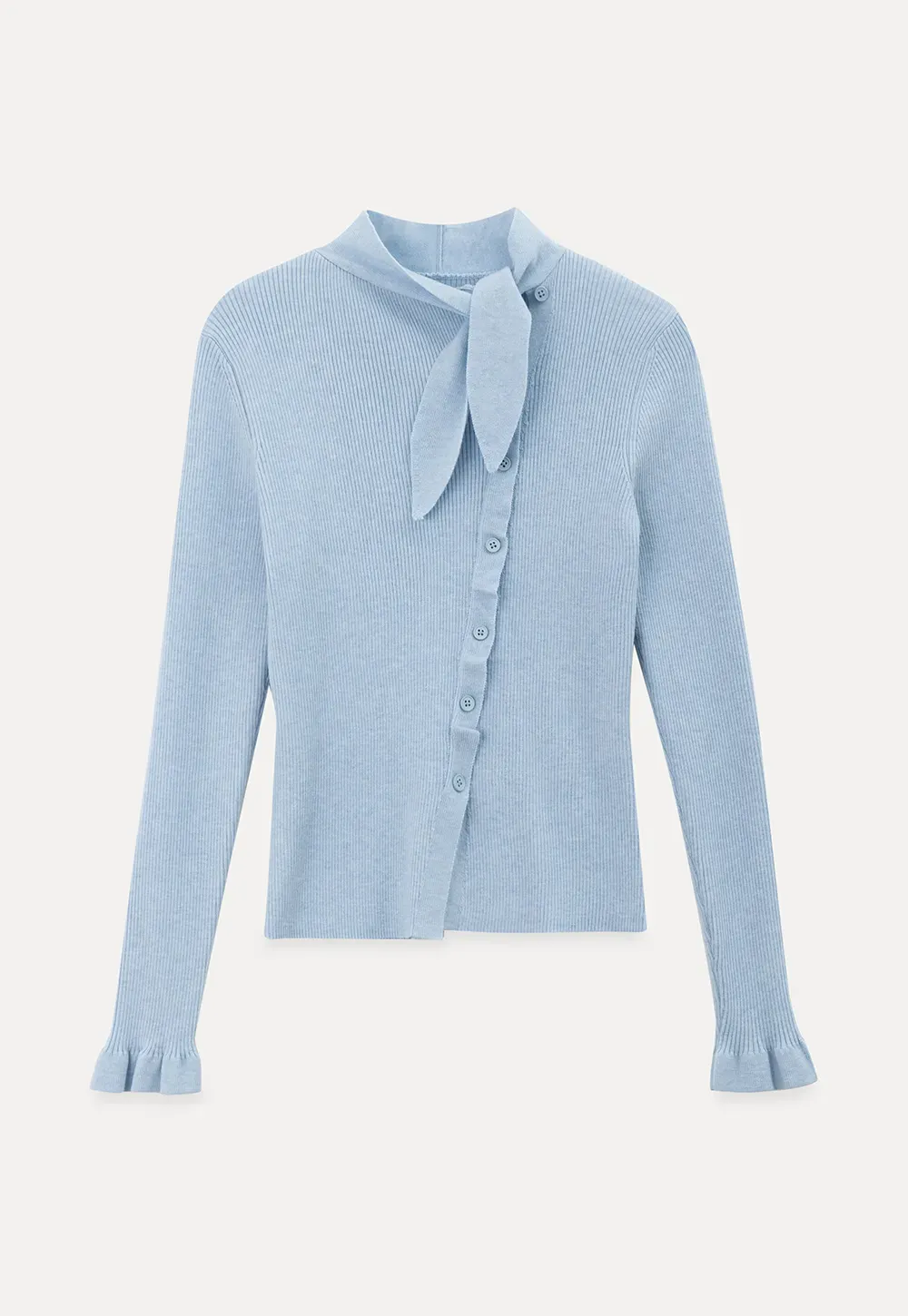 Ribbed Knit Cardigan with Bow Tie Neck and Ruffled Placket