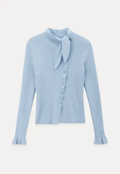 Ribbed Knit Cardigan with Bow Tie Neck and Ruffled Placket
