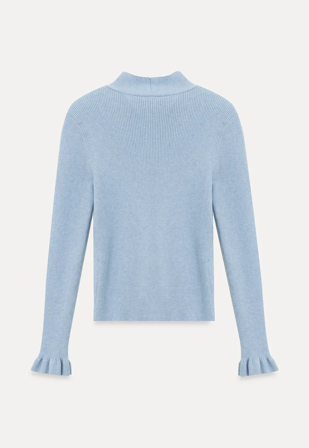 Ribbed Knit Cardigan with Bow Tie Neck and Ruffled Placket