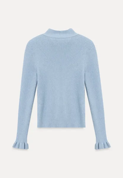 Ribbed Knit Cardigan with Bow Tie Neck and Ruffled Placket