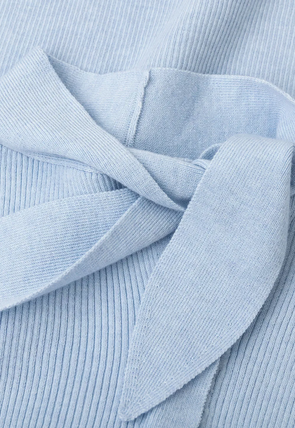 Ribbed Knit Cardigan with Bow Tie Neck and Ruffled Placket