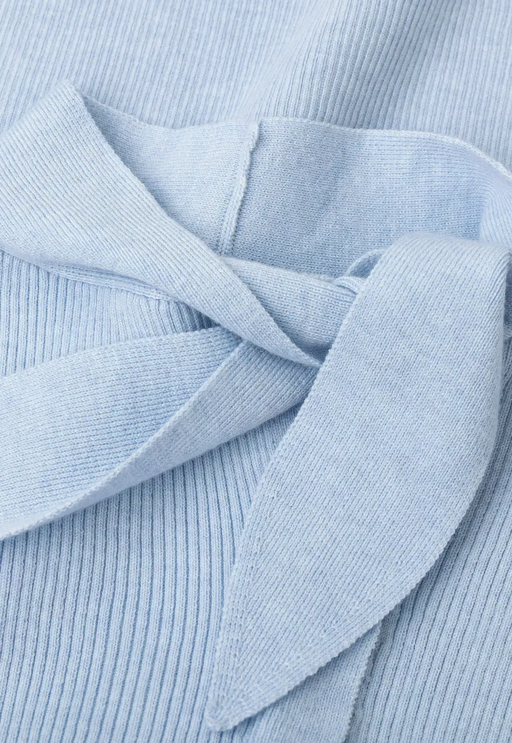 Ribbed Knit Cardigan with Bow Tie Neck and Ruffled Placket