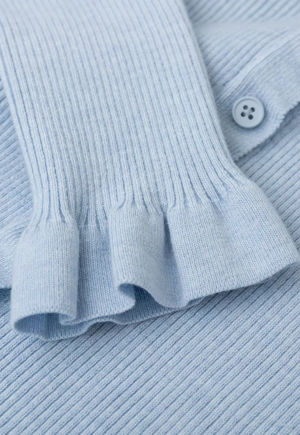 Ribbed Knit Cardigan with Bow Tie Neck and Ruffled Placket
