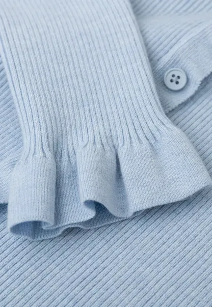 Ribbed Knit Cardigan with Bow Tie Neck and Ruffled Placket