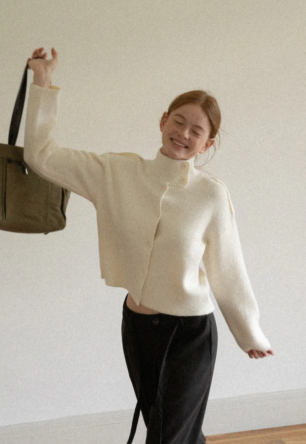 Cropped High Neck Button Front Knit Sweater