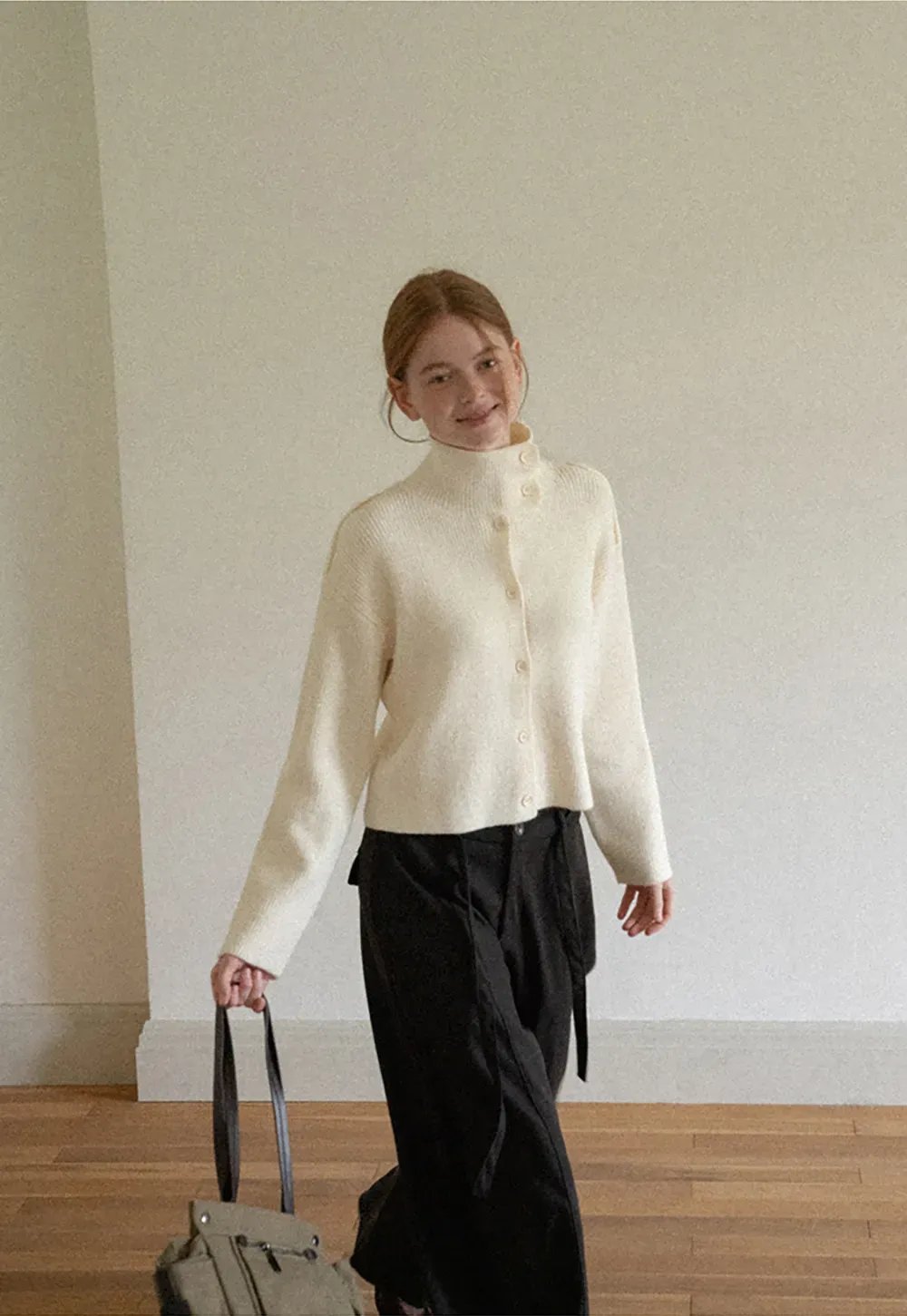 Cropped High Neck Button Front Knit Sweater