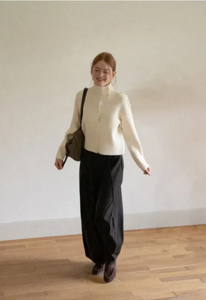 Cropped High Neck Button Front Knit Sweater