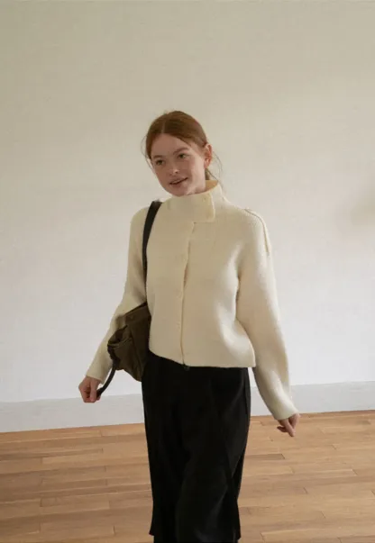 Cropped High Neck Button Front Knit Sweater