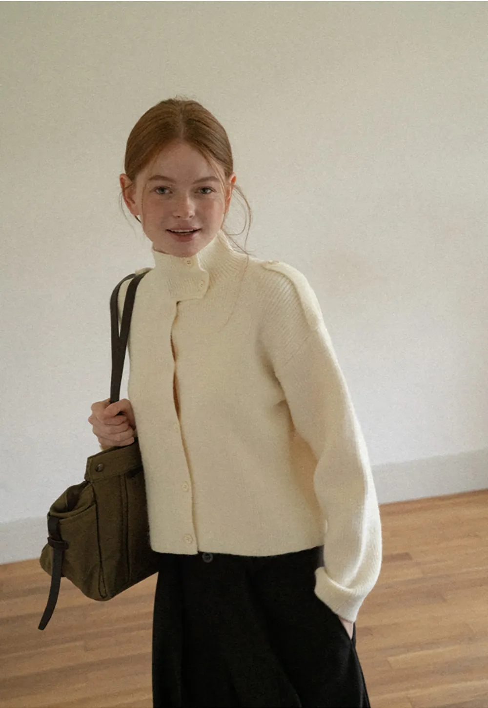 Cropped High Neck Button Front Knit Sweater