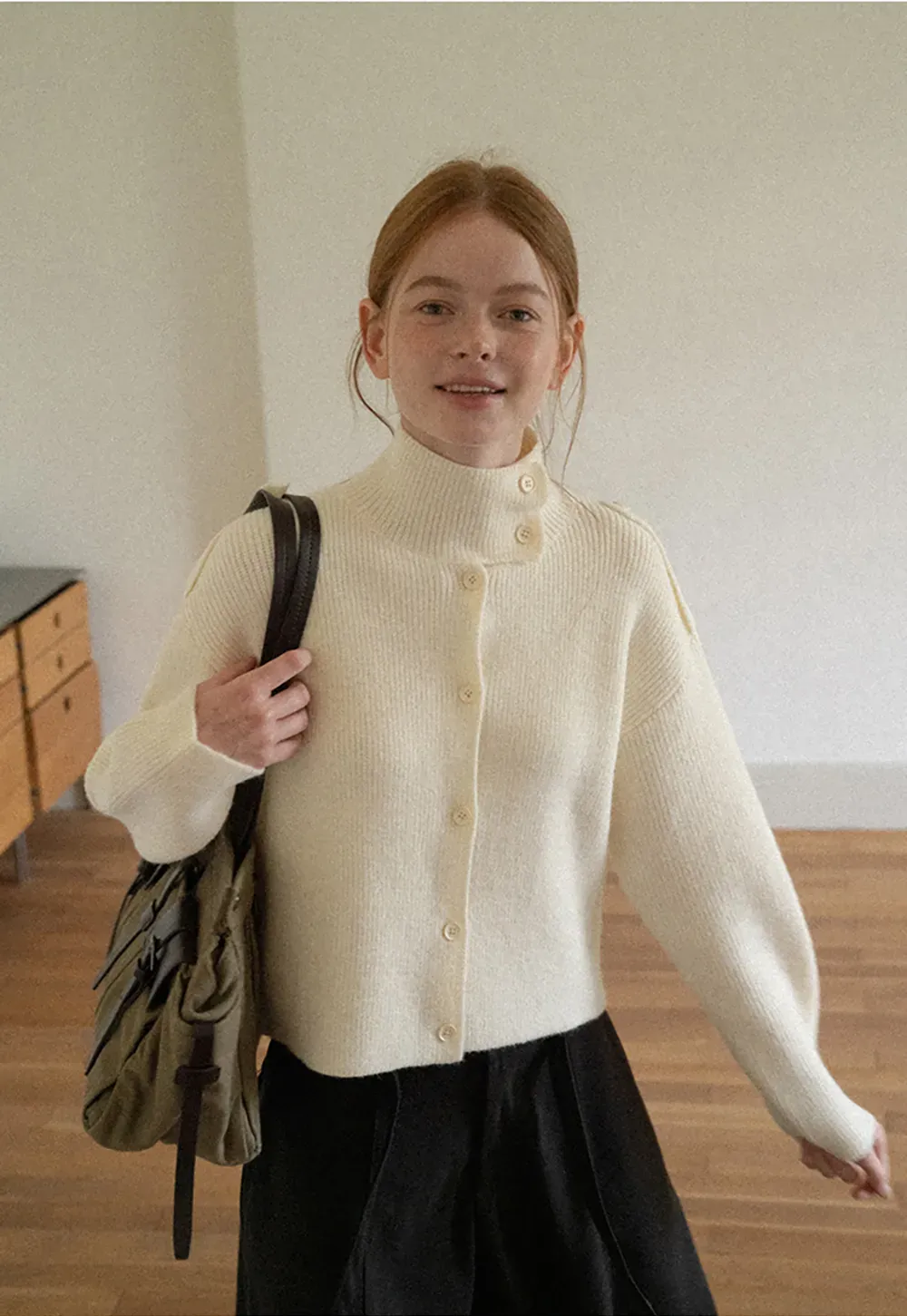 Cropped High Neck Button Front Knit Sweater