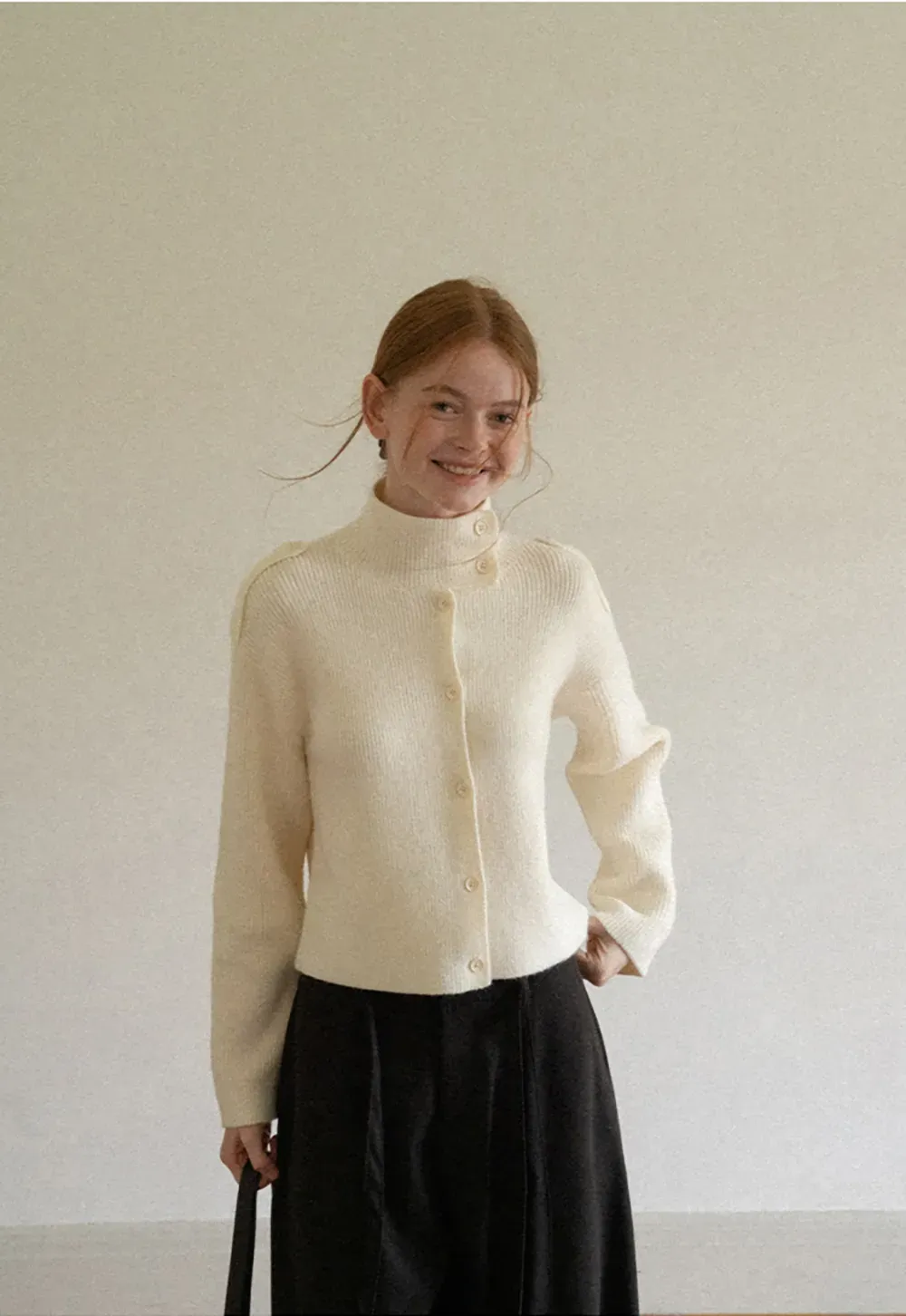 Cropped High Neck Button Front Knit Sweater
