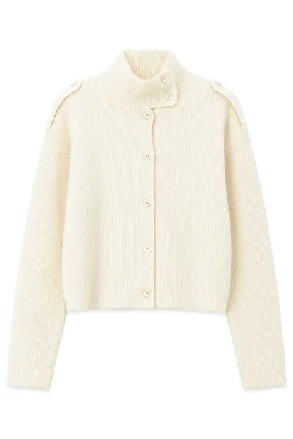 Cropped High Neck Button Front Knit Sweater