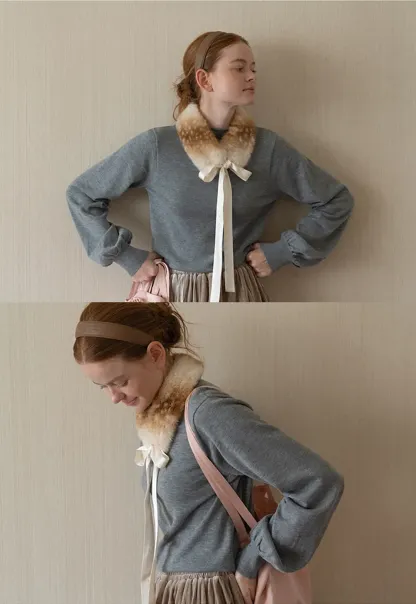 Ribbed Cuff Balloon Sleeve Knit Sweater