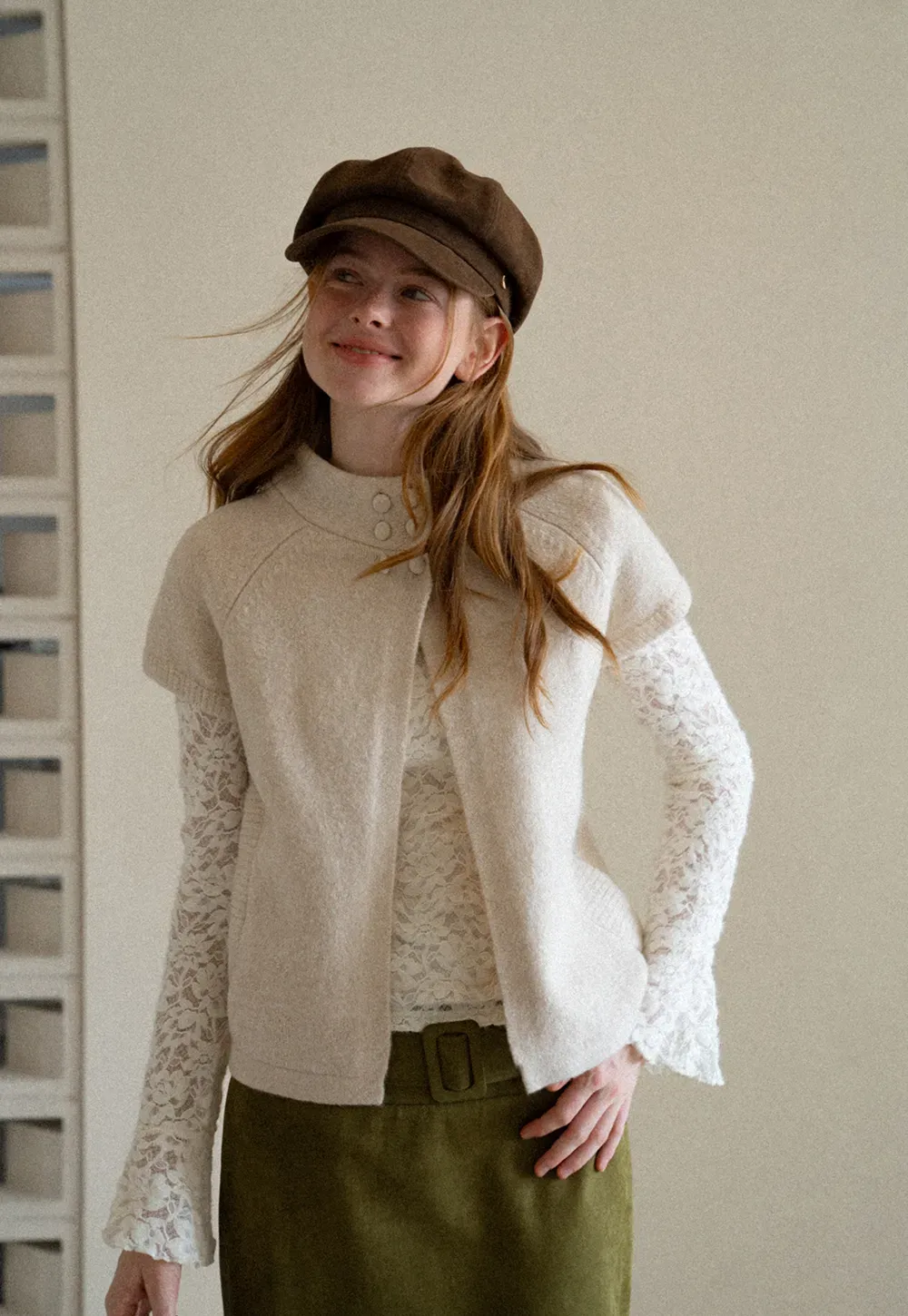 Lace Sleeve Contrast Knit Cardigan