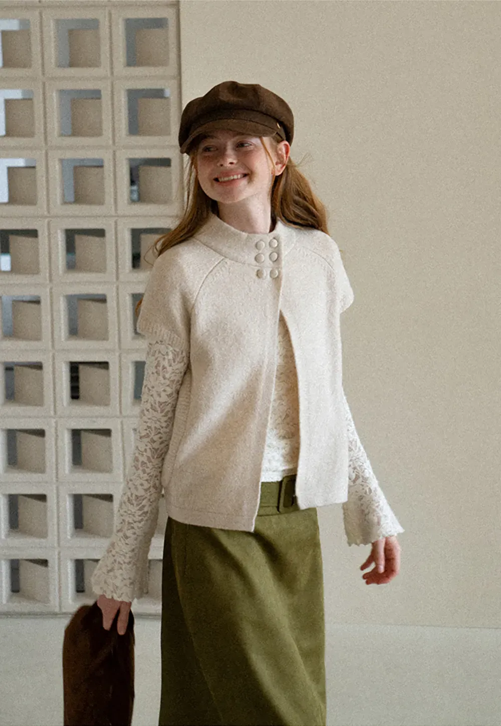Lace Sleeve Contrast Knit Cardigan
