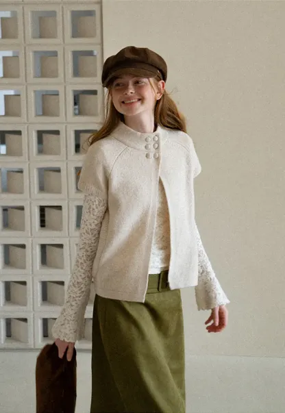 Lace Sleeve Contrast Knit Cardigan