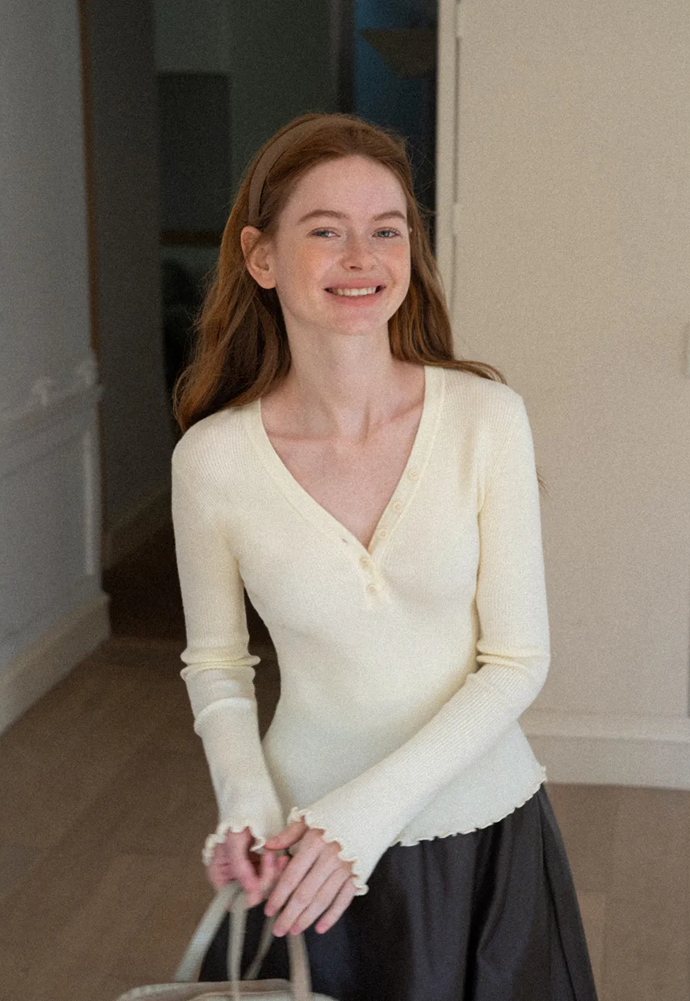 V Neck Button Front Ribbed Knit Sweater