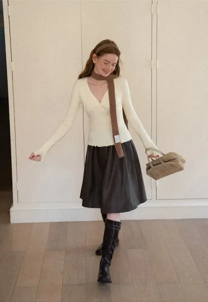 V Neck Button Front Ribbed Knit Sweater