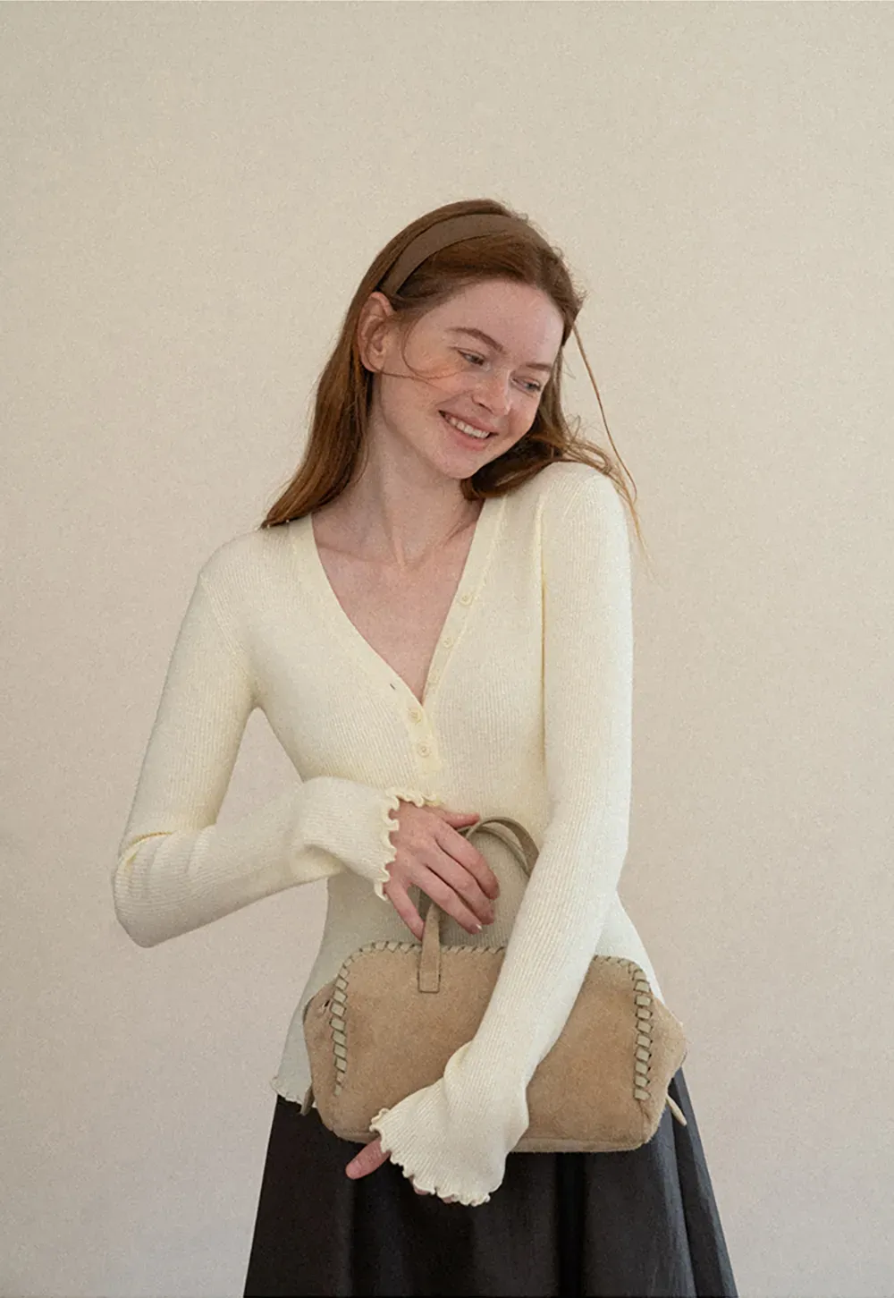V Neck Button Front Ribbed Knit Sweater