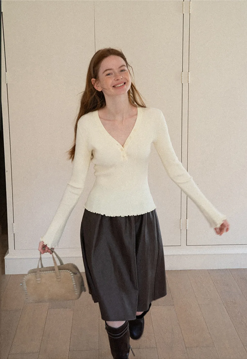V Neck Button Front Ribbed Knit Sweater