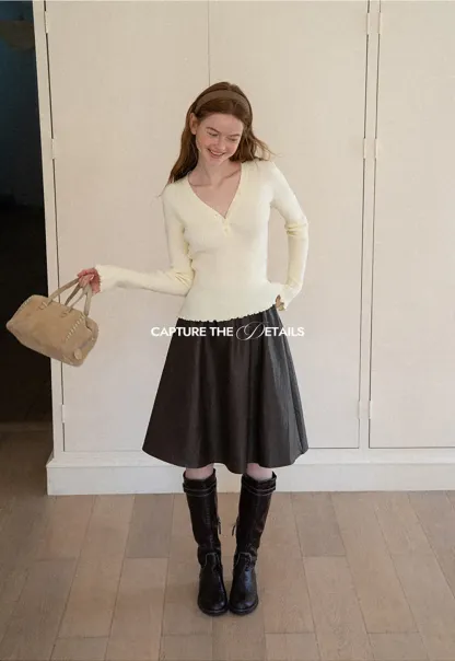 V Neck Button Front Ribbed Knit Sweater