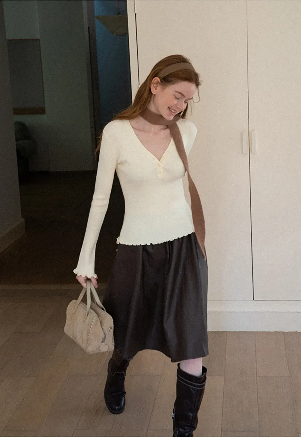 V Neck Button Front Ribbed Knit Sweater