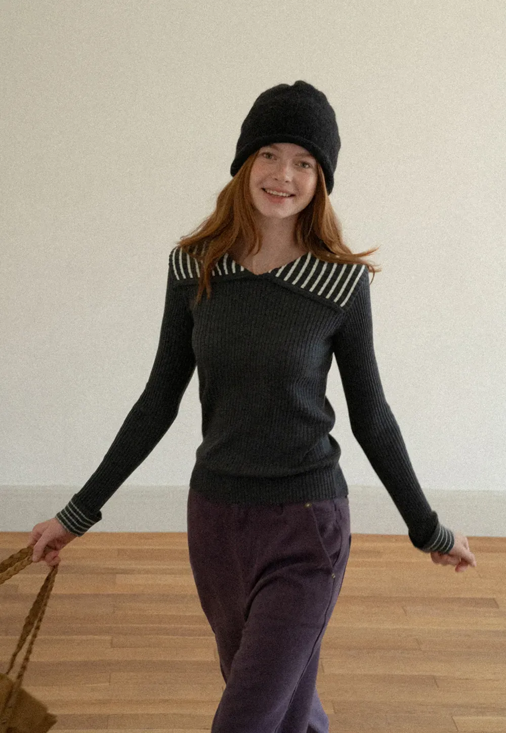 Striped Collar Ribbed Knit Sweater