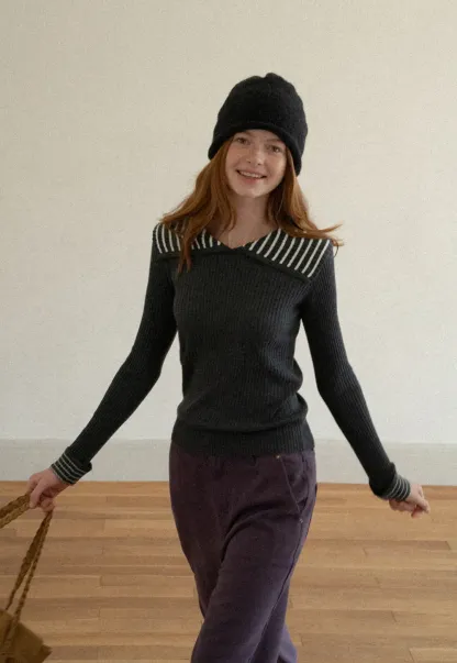 Striped Collar Ribbed Knit Sweater