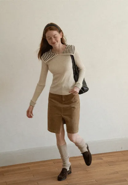 Striped Collar Ribbed Knit Sweater