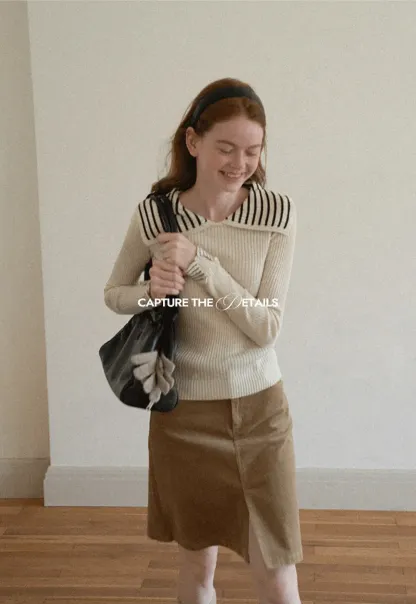 Striped Collar Ribbed Knit Sweater