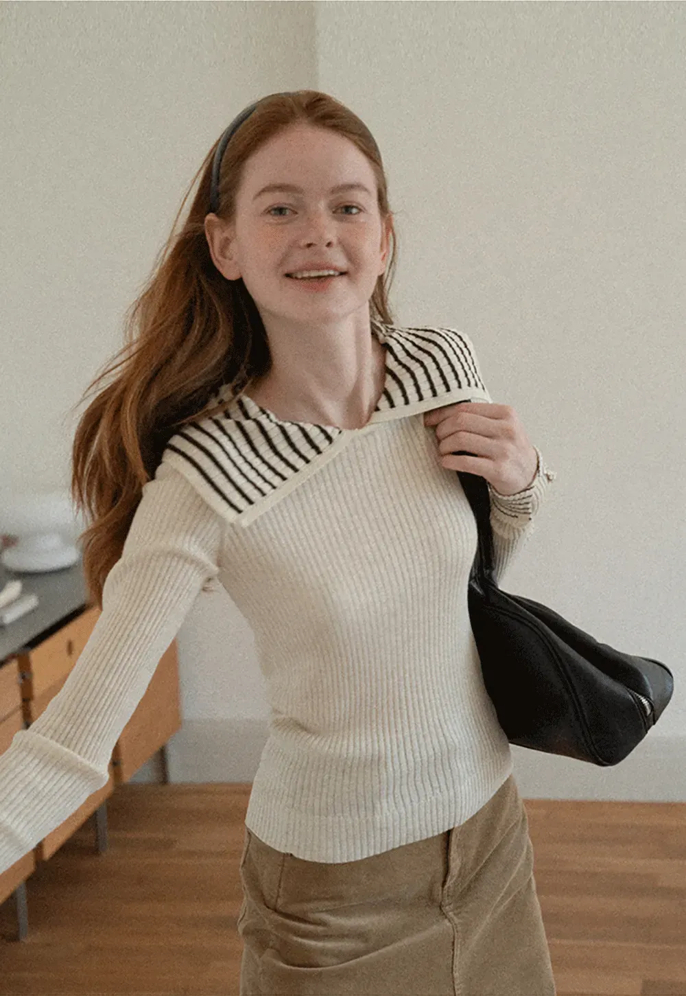 Striped Collar Ribbed Knit Sweater