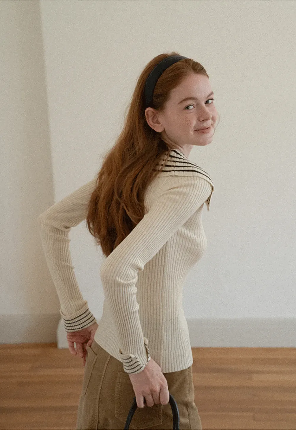 Striped Collar Ribbed Knit Sweater